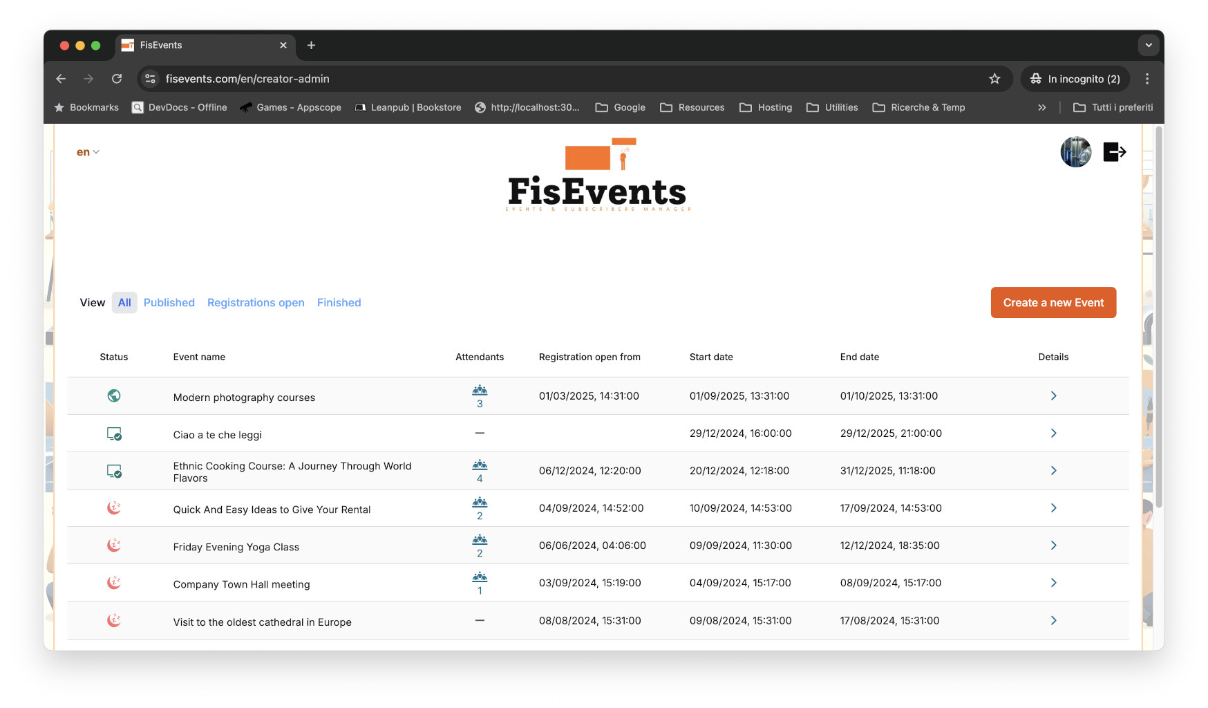 Event list screenshot